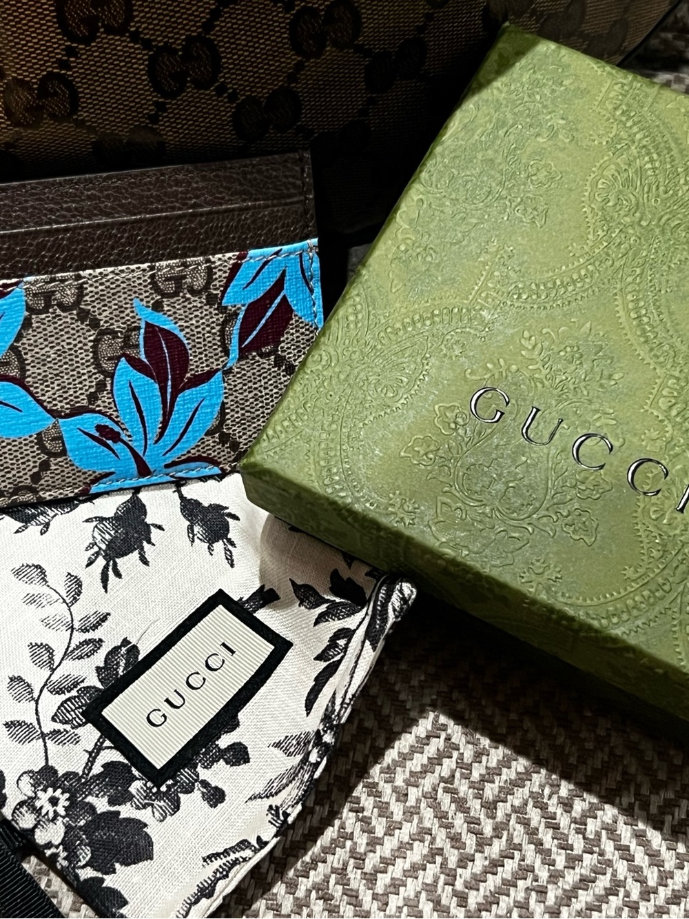Gucci Brown Signature Canvas Card Holder with Bright Blue Floral Print